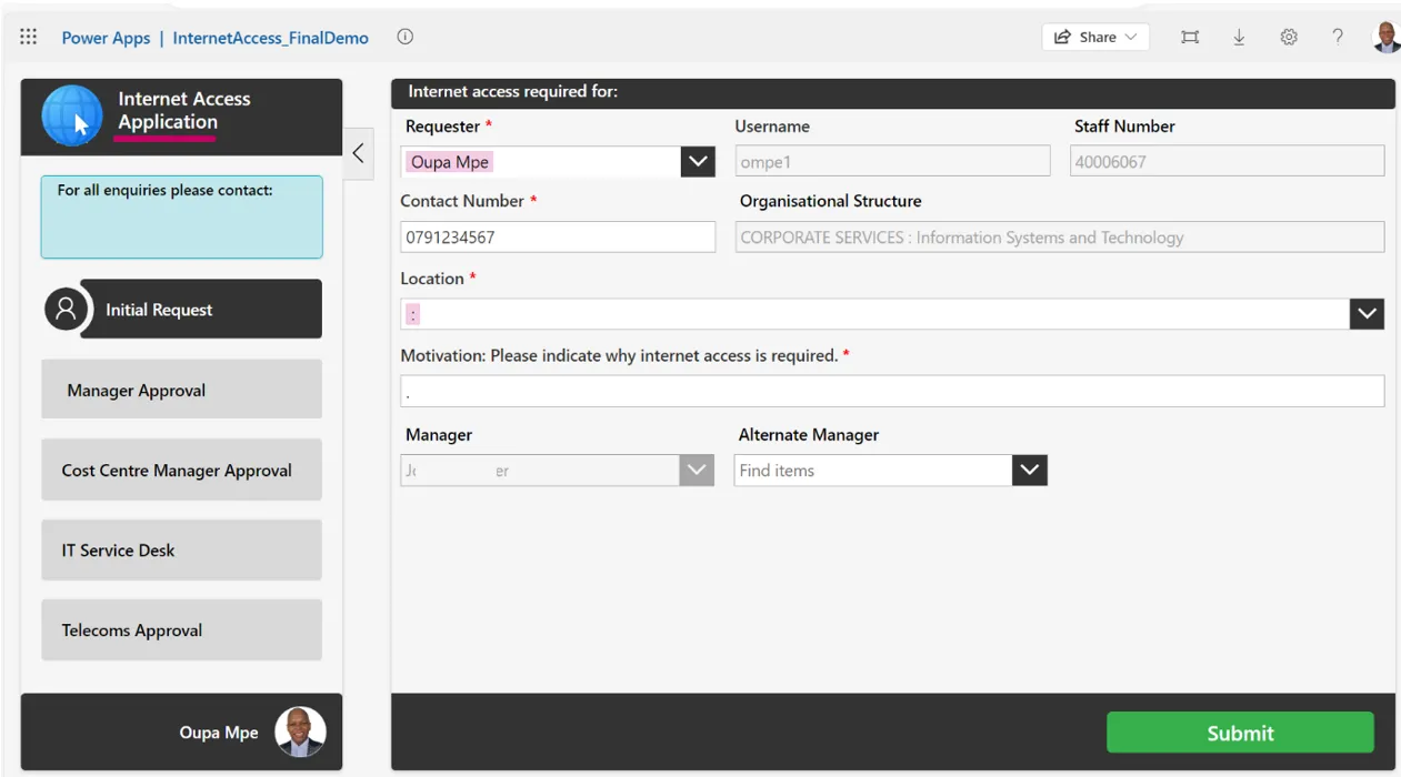 Power Apps modernised form showing an internet access application with workflow stages